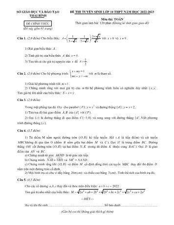 Đề thi tuyển sinh Lớp 10 THPT năm học 2022-2023 môn Toán - SGD&ĐT Thái Bình (Có đáp án)