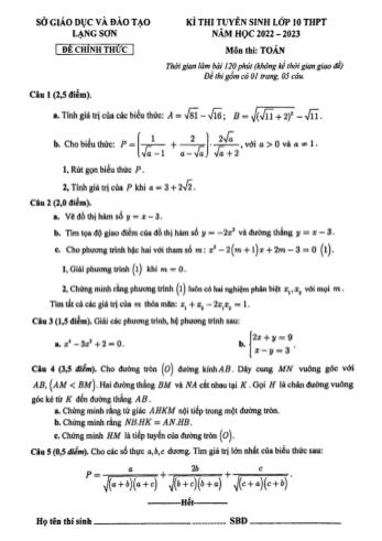 Đề thi tuyển sinh Lớp 10 THPT năm học 2022-2023 môn Toán - SGD&ĐT Lạng Sơn (Có đáp án)