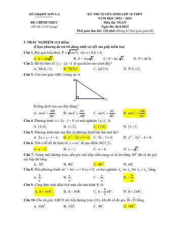 Đề thi tuyển sinh Lớp 10 THPT năm học 2022-2023 môn Toán - SGD&ĐT Sơn La (Có đáp án)