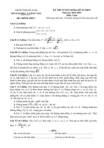 Đề thi tuyển sinh Lớp 10 THPT năm học 2022-2023 môn Toán - SGD&ĐT tỉnh Hà Nam (Có đáp án)