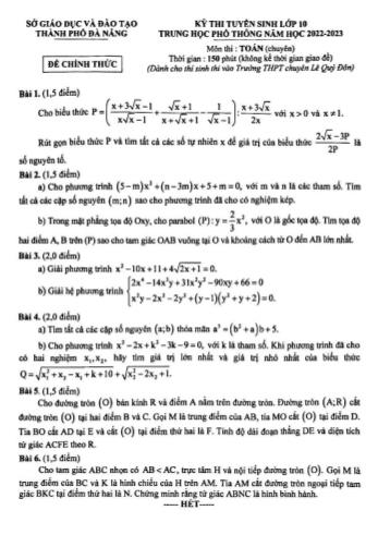 Đề thi tuyển sinh Lớp 10 Trung học phổ thông năm học 2022-2023 môn Toán (Chuyên) - SGD&ĐT Thành phố Đà Nẵng (Có đáp án)
