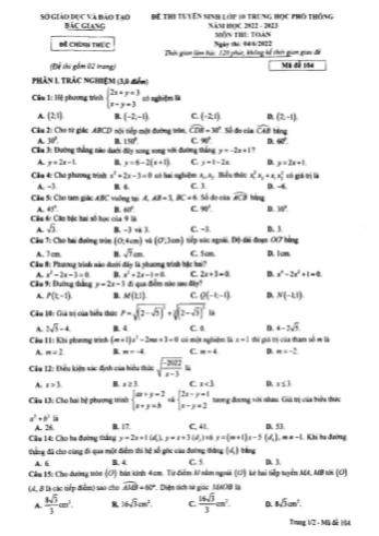 Đề thi tuyển sinh Lớp 10 Trung học phổ thông năm học 2022-2023 môn Toán - Mã đề 104 - SGD&ĐT Bắc Giang