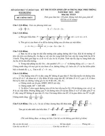 Đề thi tuyển sinh Lớp 10 Trung học phổ thông năm học 2022-2023 môn Toán - SGD&ĐT Hải Dương (Có đáp án)