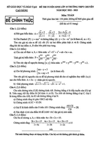 Đề thi tuyển sinh Lớp 10 Trường THPT chuyên năm học 2022-2023 môn Toán - SGD&ĐT Cao Bằng