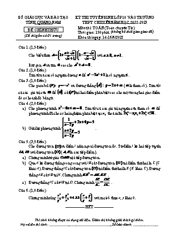 Đề thi tuyển sinh Lớp 10 vào trường THPT chuyên năm học 2022-2023 môn Toán - SGD&ĐT tỉnh Quảng Nam (Có đáp án)
