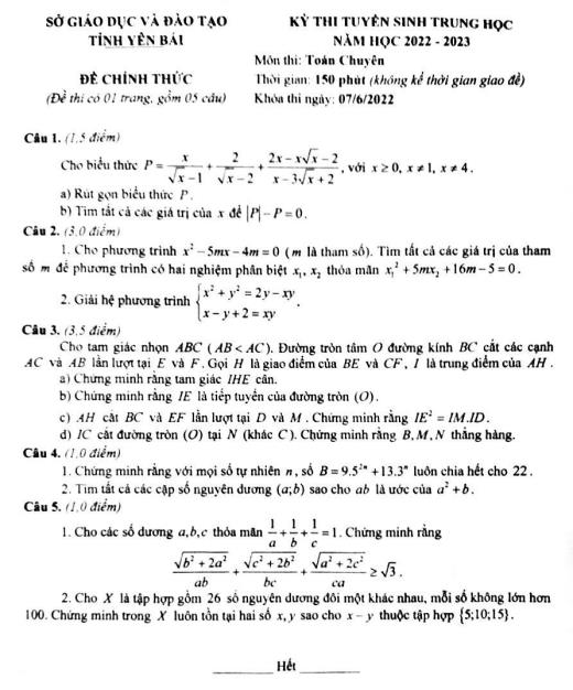 Đề thi tuyển sinh Trung học năm 2022-2023 môn Toán (Chuyên) - SGD&ĐT tỉnh Yên Bái