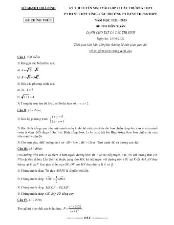 Đề thi tuyển sinh vào Lớp 10 các trường THPT PTDNT năm học 2022-2023 môn Toán (Chung) - SGD&ĐT Hòa Bình