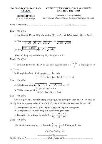 Đề thi tuyển sinh vào Lớp 10 chuyên năm học 2022-2023 môn Toán (Chuyên) - SGD&ĐT Gia Lai (Có đáp án)