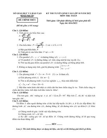 Đề thi tuyển sinh vào Lớp 10 năm 2022 môn Toán - SGD&ĐT Bình Phước (Có đáp án)