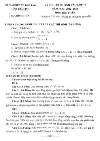 Đề thi tuyển sinh vào Lớp 10 năm học 2022-2023 môn Toán - SGD&ĐT tỉnh Trà Vinh (Có đáp án)
