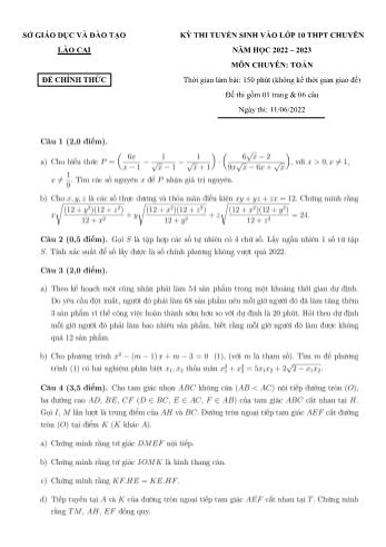 Đề thi tuyển sinh vào Lớp 10 THPT chuyên năm học 2022-2023 môn Toán - SGD&ĐT Lào Cai (Có đáp án)