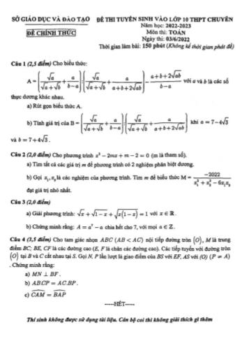 Đề thi tuyển sinh vào Lớp 10 THPT chuyên năm học 2022-2023 môn Toán - SGD&ĐT tỉnh Bình Dương (Có đáp án)