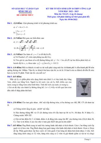 Đề thi tuyển sinh vào Lớp 10 THPT công lập năm học 2022-2023 môn Toán (Chung) - SGD&ĐT Bình Thuận (Có hướng dẫn giải)