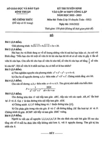 Đề thi tuyển sinh vào Lớp 10 THPT công lập năm học 2022-2023 môn Toán (Chuyên) - SGD&ĐT Bình Thuận