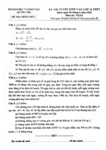 Đề thi tuyển sinh vào Lớp 10 THPT năm 2022 môn Toán - SGD&ĐT Quảng Trị
