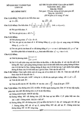 Đề thi tuyển sinh vào Lớp 10 THPT năm học 2022-2023 môn Toán - SGD&ĐT Lào Cai (Có đáp án)