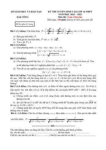Đề thi tuyển sinh vào Lớp 10 THPT năm học 2022-2023 môn Toán (Chuyên) - SGD&ĐT Đắk Nông (Có đáp án)