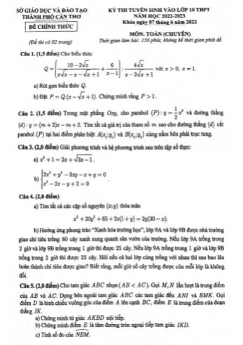 Đề thi tuyển sinh vào Lớp 10 THPT năm học 2022-2023 môn Toán (Chuyên) - SGD&ĐT Thành phố Cần Thơ