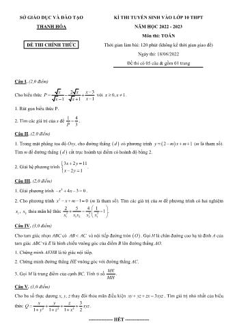 Đề thi tuyển sinh vào Lớp 10 THPT năm học 2022-2023 môn Toán - SGD&ĐT Thanh Hóa
