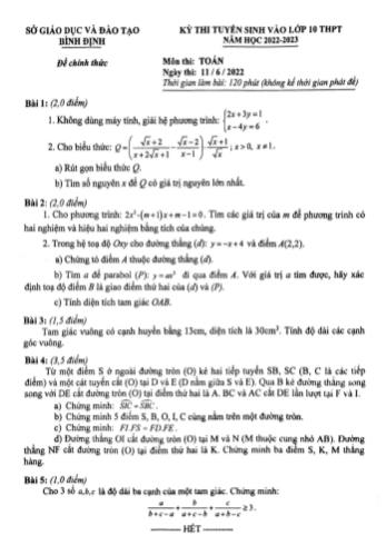 Đề thi tuyển sinh vào Lớp 10 THPT năm học 2022-2023 môn Toán - SGD&ĐT Bình Định (Có hướng dẫn giải)