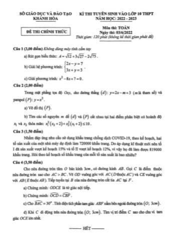 Đề thi tuyển sinh vào Lớp 10 THPT năm học 2022-2023 môn Toán - SGD&ĐT Khánh Hòa (Có đáp án)