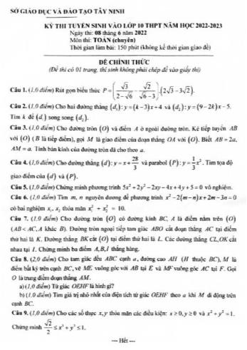 Đề thi tuyển sinh vào Lớp 10 THPT năm học 2022-2023 môn Toán (Chuyên) - SGD&ĐT Tây Ninh (Có đáp án)