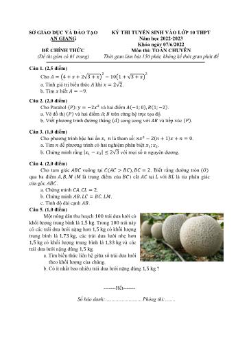Đề thi tuyển sinh vào Lớp 10 THPT năm học 2022-2023 môn Toán - SGD&ĐT An Giang (Có đáp án)