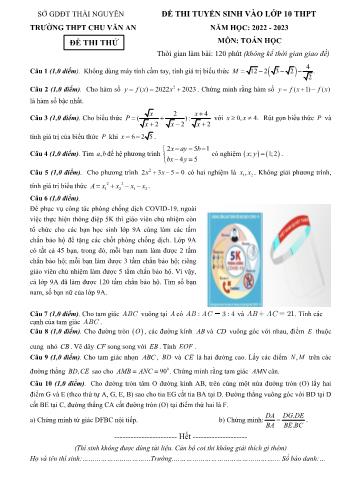 Đề thi tuyển sinh vào Lớp 10 THPT năm học 2022-2023 môn Toán (Đề thi thử) - Trường THPT Chu Văn An