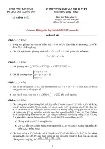 Đề thi tuyển sinh vào Lớp 10 THPT năm học 2022-2023 môn Toán chuyên - SGD&ĐT tỉnh Bắc Ninh (Có đáp án)