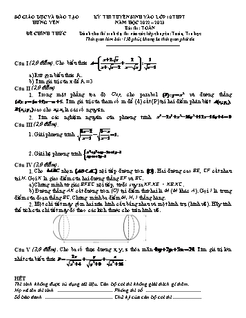 Đề thi tuyển sinh vào Lớp 10 THPT năm học 2022-2023 môn Toán (Chuyên) - SGD&ĐT Hưng Yên (Có đáp án)