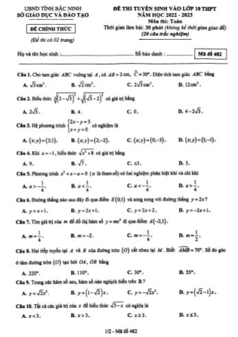 Đề thi tuyển sinh vào Lớp 10 THPT năm học 2022-2023 môn Toán - Mã đề 482 - SGD&ĐT Bình Định tỉnh Bắc Ninh (Có đáp án)
