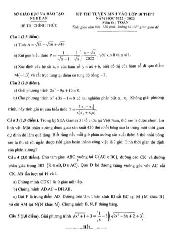 Đề thi tuyển sinh vào Lớp 10 THPT năm học 2022-2023 môn Toán - SGD&ĐT Nghệ An (Có đáp án)