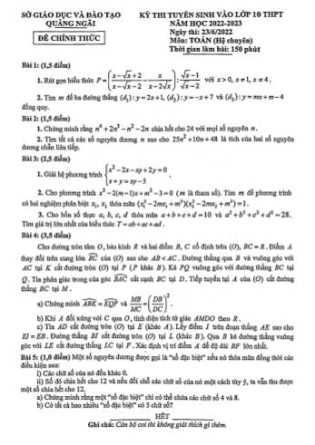 Đề thi tuyển sinh vào Lớp 10 THPT năm học 2022-2023 môn Toán (Chuyên) - SGD&ĐT Quảng Ngãi (Có đáp án)