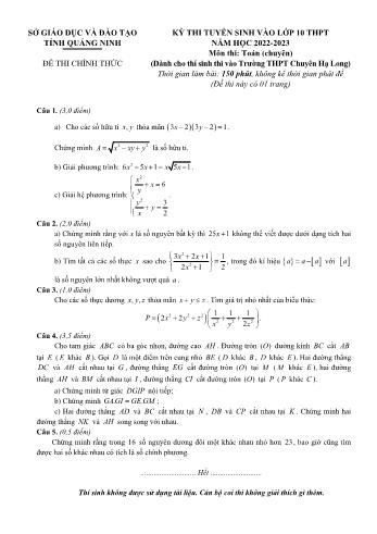 Đề thi tuyển sinh vào Lớp 10 THPT năm học 2022-2023 môn Toán - SGD&ĐT tỉnh Quảng Ninh (Có đáp án)