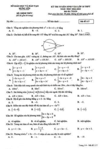 Đề thi tuyển sinh vào Lớp 10 THPT năm học 2022-2023 môn Toán - Mã đề 117 - SGD&ĐT Hưng Yên
