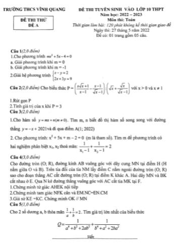 Đề thi tuyển sinh vào Lớp 10 THPT năm học 2022-2023 môn Toán (Đề thi thử Đề A) - Trường THCS Vĩnh Quang