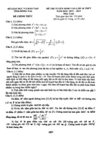 Đề thi tuyển sinh vào Lớp 10 THPT năm học 2022-2023 môn Toán - SGD&ĐT tỉnh Đồng Nai (Có đáp án)