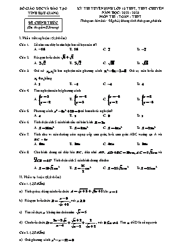 Đề thi tuyển sinh vào Lớp 10 THPT, THPT chuyên năm học 2022-2023 môn Toán - SGD&ĐT tỉnh Hậu Giang (Có đáp án)