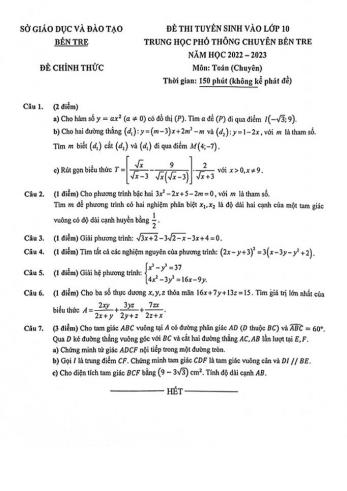 Đề thi tuyển sinh vào Lớp 10 Trung học phổ thông chuyên Bến Tre năm học 2022-2023 môn Toán (Chuyên) - SGD&ĐT Bến Tre