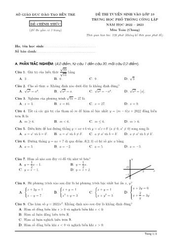 Đề thi tuyển sinh vào Lớp 10 Trung học phổ thông công lập năm học 2022-2023 môn Toán (Chung) - SGD&ĐT Bến Tre (Có đáp án)