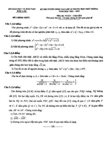 Đề thi tuyển sinh vào Lớp 10 Trung học phổ thông năm học 2022-2023 môn Toán (Chuyên) - SGD&ĐT Đắk Lắk (Có đáp án)