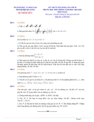 Đề thi tuyển sinh vào Lớp 10 Trung học phổ thông năm học 2022-2023 môn Toán - SGD&ĐT Thành phố Đà Nẵng (Có đáp án)