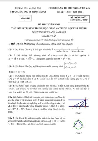 Đề thi tuyển sinh vào Lớp 10 Trường THCS & THPT Nguyễn Tất Thành năm 2022 môn Toán - Mã đề 101 - Trường ĐHSP Hà Nội (Có đáp án)