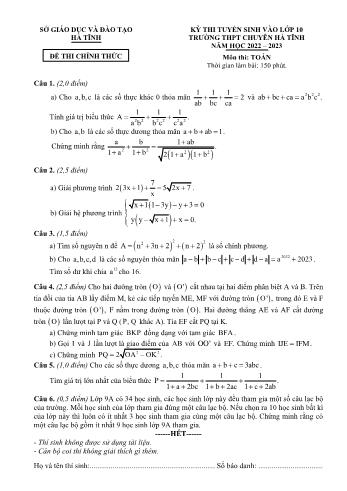Đề thi tuyển sinh vào Lớp 10 Trường THPT chuyên Hà Tĩnh năm học 2022-2023 môn Toán - SGD&ĐT Hà Tĩnh (Có đáp án)