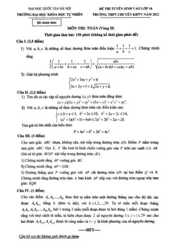 Đề thi tuyển sinh vào Lớp 10 Trường THPT chuyên KHTN năm 2022 môn Toán (Vòng II) - Trường Đại học khoa học tự nhiên ĐHQG Hà Nội (Có đáp án)