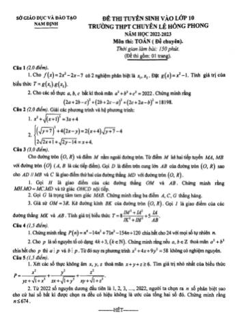 Đề thi tuyển sinh vào Lớp 10 trường THPT chuyên Lê Hồng Phong năm học 2022-2023 môn Toán - SGD&ĐT Nam Định (Có đáp án)