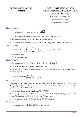 Đề thi tuyển sinh vào Lớp 10 trường THPT chuyên Lê Hồng Phong năm học 2022-2023 môn Toán - Đề 2 - SGD&ĐT Nam Định (Có đáp án)