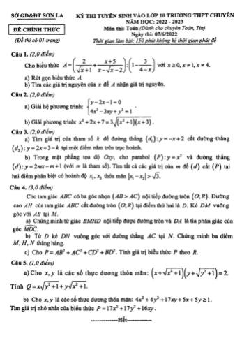 Đề thi tuyển sinh vào Lớp 10 Trường THPT chuyên năm học 2022-2023 môn Toán (Chuyên) - SGD&ĐT Sơn La (Có đáp án)