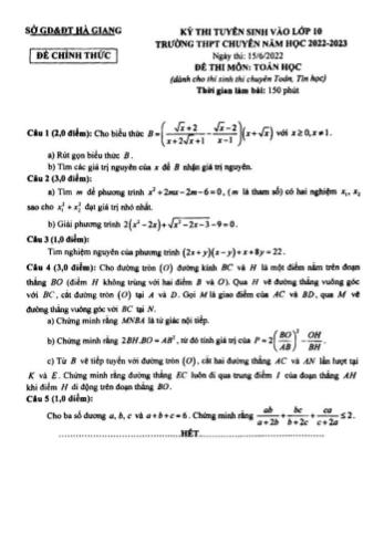 Đề thi tuyển sinh vào Lớp 10 trường THPT chuyên năm học 2022-2023 môn Toán - SGD&ĐT Hà Giang