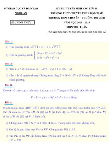 Đề thi tuyển sinh vào Lớp 10 Trường THPT chuyên Phan Bội Châu năm học 2022-2023 môn Toán - SGD&ĐT Nghệ An (Có đáp án)